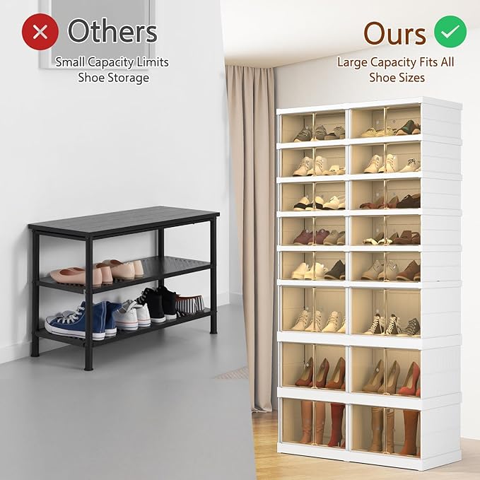 Collapsible Shoe Storage Organizer: Stackable and Large Plastic Foldable Shoe Cabinet Organizer with Magnetic Clear Door - Sneaker Boots Shoes Boxes Shoes Rack for Entryway Closet