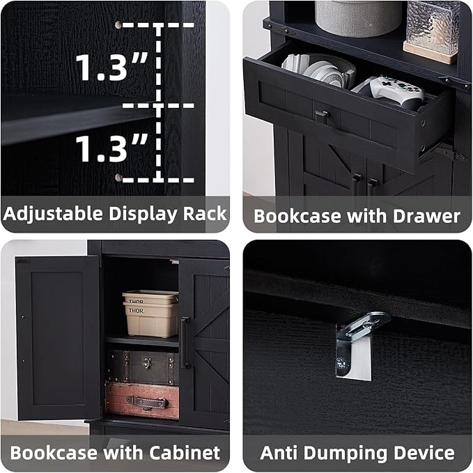 72in Tall Bookshelf 7 Tier Bookcase with Drawer and Barn Doors and Adjustable Shelves, Black Farmhouse Book Shelf with Storage Cabinet, Wood Freestanding Display Bookshelves for Kitchen (4PCS)