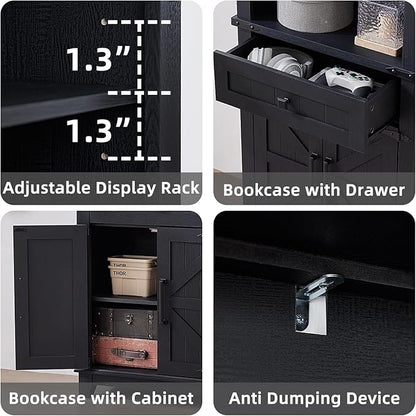 72in Tall Bookshelf 7 Tier Bookcase with Drawer and Barn Doors and Adjustable Shelves, Black Farmhouse Book Shelf with Storage Cabinet, Wood Freestanding Display Bookshelves for Kitchen (4PCS)