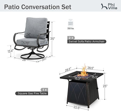 PHI VILLA 5 Piece Patio Furniture Set with 28" Firepit Table, 4 Outdoor 5.75" Cushioned Metal Frame Swivel Sofa Chairs & 28" Gas Firepit Table, Outside Furniture Set for Lawn Garden(Grey)