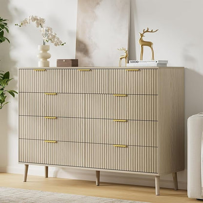 LYNSOM Fluted 9 Drawer Dresser for Bedroom, 55" Wide Modern Chest of Drawers with Curved Profile Design and Metal Handles, Wood Dresser TV Stand & Storage Organizer for Bedroom, Hallway, Beige