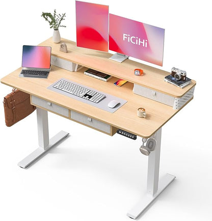 FiCiHi Adjustable Height Standing Desk with 4 Drawers,48 x 24 inches Electric Sit Stand Home Office Desk with Two Tiers, 3 Memory Presets, Monitor Stand Riser