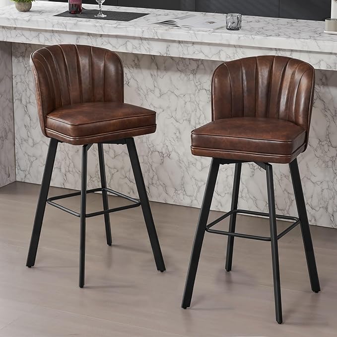 Swivel Counter Height Bar Stools Set of 2, 30'' Modern Barstools with Backs and Metal Legs, Upholstered Bar Chairs, Faux Leather Brown Stools for Kitchen Island Chairs