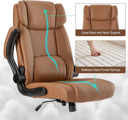 Office Desk Chair,Ergonomic Conference Room Chairs,Mid Back Executive Leather Chair,Comfy Computer Desk Chairs with Adjustable Flip-Up Arms and Rocking Function (Brown)