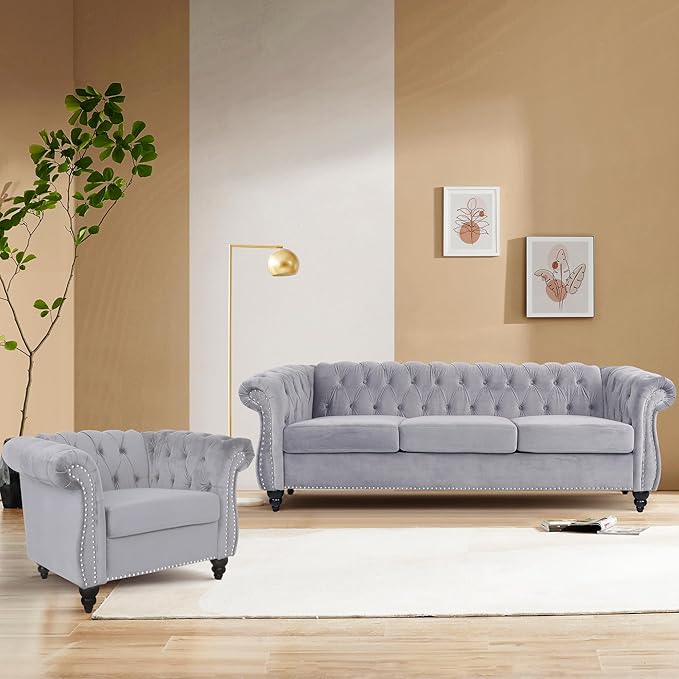 2 Piece Living Room Sofa Set, 3 Seater Velvet Sofa Couch and Chair Set, Mid Century Modern Upholstered Couch with Cushions, Comfy Tufted Chesterfield Couches for Living Room, Bedroom, Office