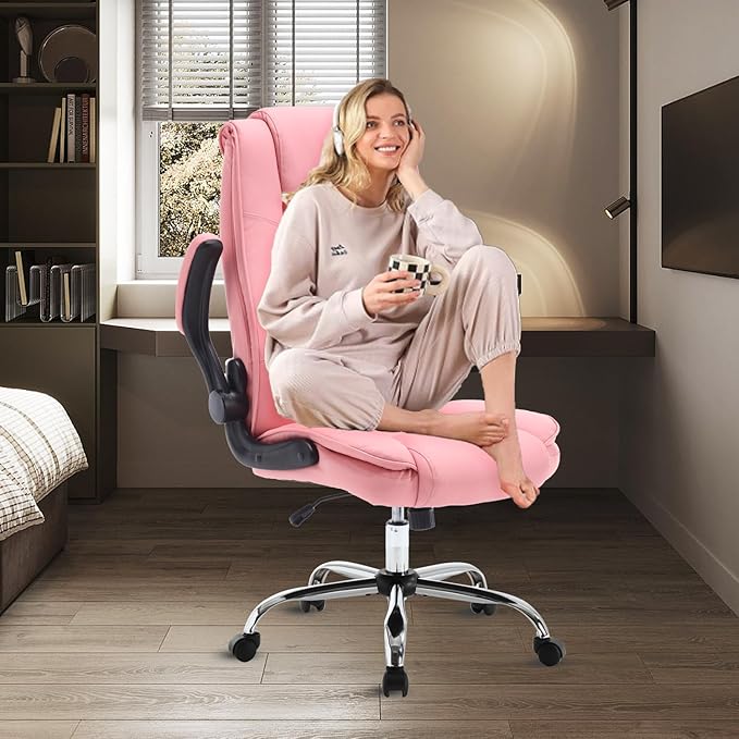 Pink Office Chair, Ergonomic High Back Executive Office Desk Chairs for Women, 90°-120° Rocking Computer Chair with Wheels, Swivel Lumbar Support Home Office Desk Chair