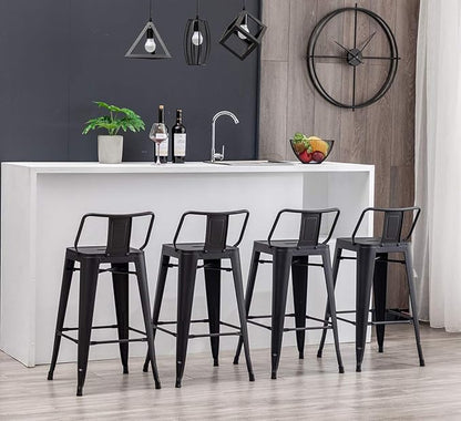 HAOBO Home 24" Low Back Metal Counter Stool Height Bar Stools [Set of 4] for Indoor/Outdoor Barstools, Matte Black
