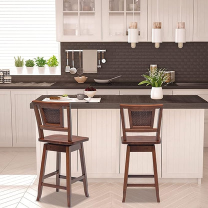 COSTWAY Bar Stools Set of 4, 24.5 Inch Counter Height Bar Stool with Rattan Back, 360°Swivel Seat, Comfortable Footrests, Rubber Wood Bar Stools for Kitchen Island, Dining Room, Cafe, Pub (4)