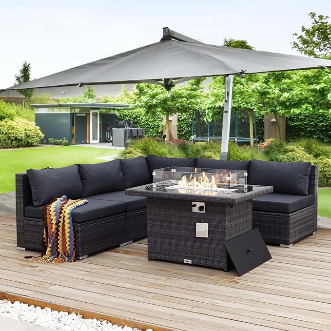 NICESOUL 6 Piece Outdoor Patio Furniture Set with Fireplace Table Natural Gas & Propane, 29.3'' High-Back L Shaped Sectional Sofa Set, Large Deep Seated Modern Conversation Couch for Tall People, Gray