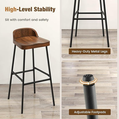 COSTWAY Bar Stool Set of 2, 29'' Industrial Pub Stool with Low Backrest and Footrest, Metal Legs, Breakfast Counter Height Chair for Island Living Room Kitchen Bar, Rustic Brown & Black