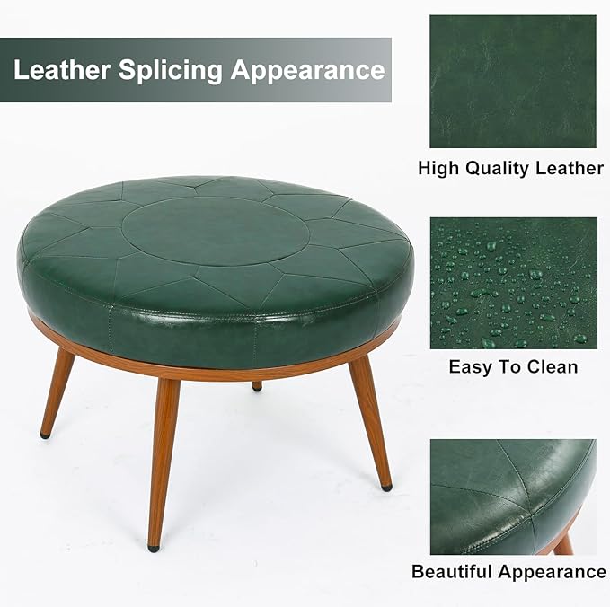 Round Ottoman Coffee Table, 24-Inch Faux Leather Cushioned Footstool with Solid Wood Bookshelf & Frame, Multifunctional Storage Ottoman for Living Room, Bedroom (Green)