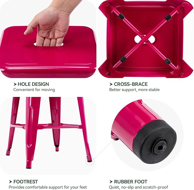 Vogue Furniture Direct 24 Inch Bar Stools Backless Metal Barstools Indoor-Outdoor Counter Height Stools with Square Seat, Set of 4 (Hot Pink)