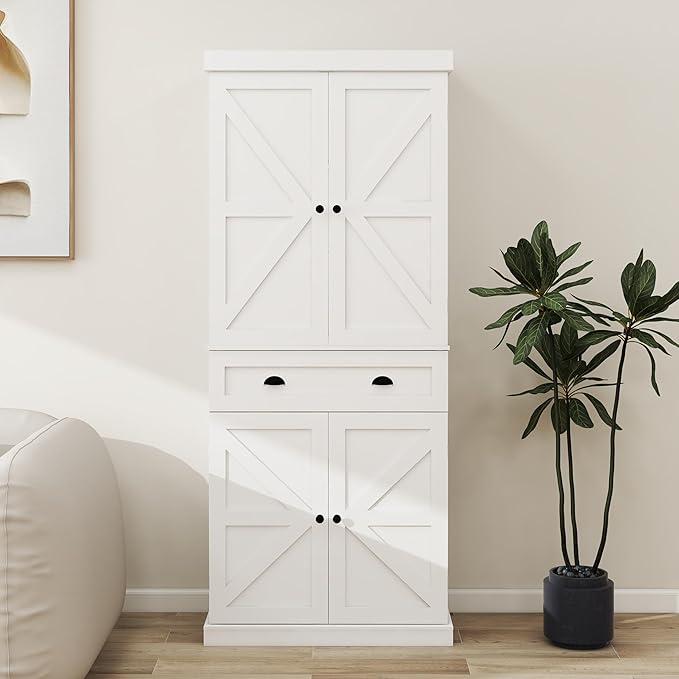 71" Tall Pantry Cabinet with Drawer & 4 Doors, Versatile Storage Cabinet with Adjustable Shelves for Kitchen, Laundry Room, Living Room, Bathroom, White