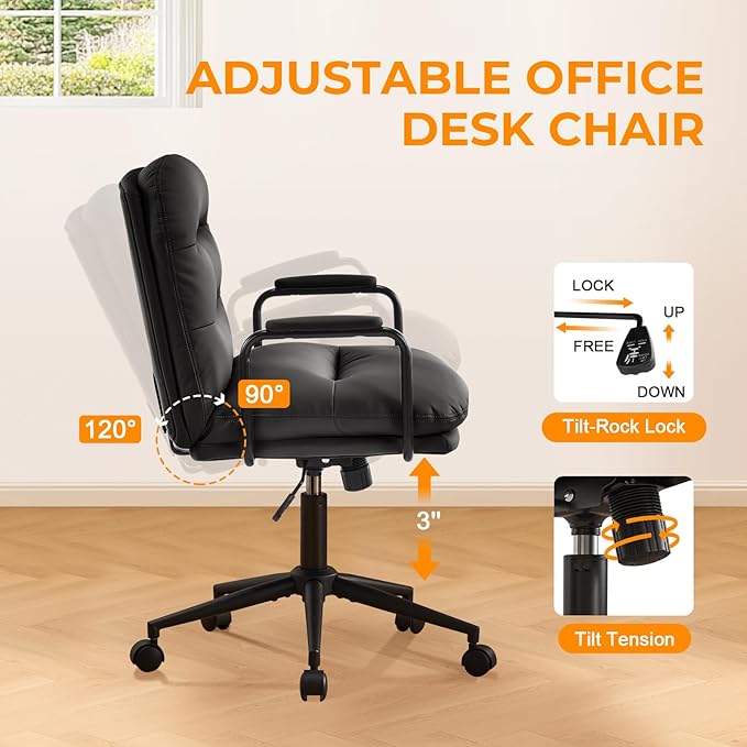 Furniliving Leather Home Desk Chair, Comfortable Executive Office Chair with Wheels, Ergonomic Computer Task Chair Adjustable Height, Black