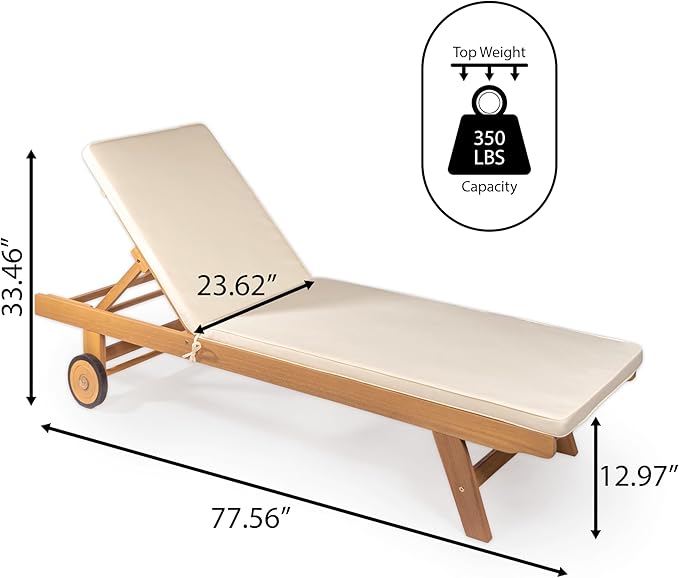 JONATHAN Y LNG1000A Mallorca 77.56"x23.62" Modern Classic Adjustable Acacia Wood Chaise Outdoor Lounge Chair with Cushion & Wheels Coastal, Bohemian, Minimalist, Traditional, White/Natural