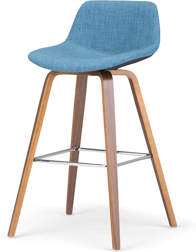 SIMPLIHOME Randolph Counter Stools (Set of 2) - 28 Inch Seat Height Upholstered Bentwood Kitchen Seats in Medium Blue Linen Look Fabric, Mid Century Modern Seating with Curved Backrest and Footrest