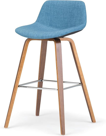 SIMPLIHOME Randolph Counter Stools (Set of 2) - 28 Inch Seat Height Upholstered Bentwood Kitchen Seats in Medium Blue Linen Look Fabric, Mid Century Modern Seating with Curved Backrest and Footrest