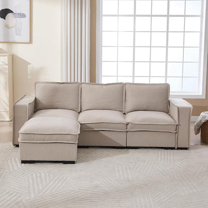 Modern Sectional Sofa for Living Room, Upholstered 3-Seater Modular Couches Linen Fabric L-Shaped Sofa with Ottoman for Home Furniture, Oatmeal