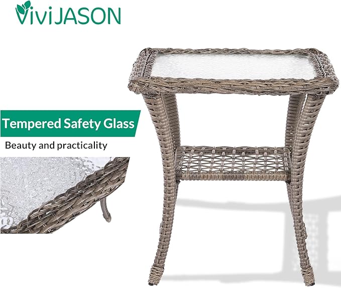 VIVIJASON 3-Piece Outdoor Patio Furniture Set, Outdoor Wicker Glider Rocking Chairs Rattan Conversation Bistro Sets w/ 2 Rattan Cushioned Chairs and Glass Top Side Table for Porch Backyard, Grey