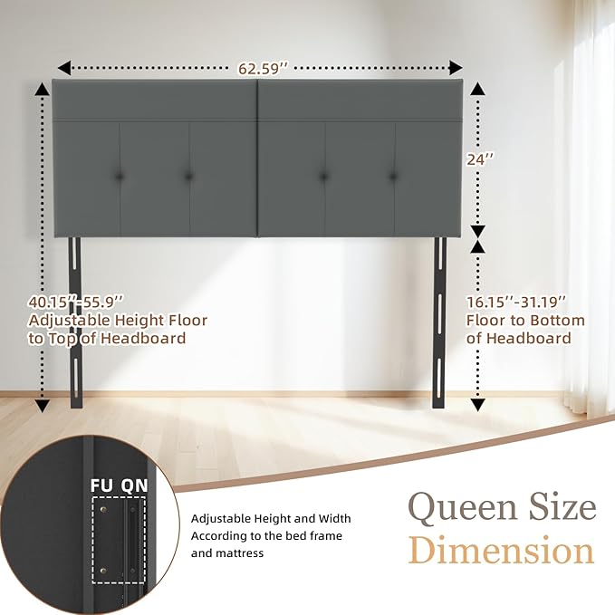 Headboard Queen Size Upholstered Faux Leather, Queen Headboard with Sturdy Metal Legs, Tufted Upholstery Design Headboards with Adjustable Width & Height (Grey)