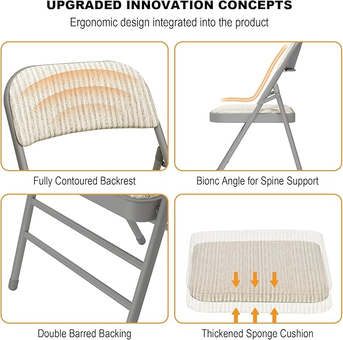 12 Pack Folding Chairs Fabric Dining Chair Set with Padded Cushion and Back, Indoor Outdoor Foldable Seat with Steel Frame for Home Office Events Wedding Party, Oatmeal Strip Seating