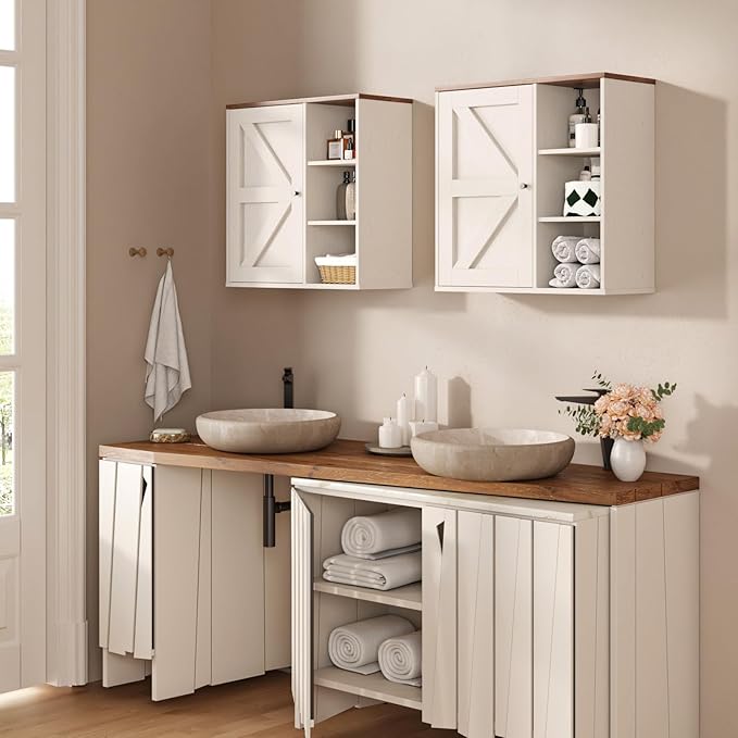 Bathroom Wall Cabinet, Farmhouse Medicine Cabinet with Barn Doors and Adjustable Shelves, 24'' Kitchen Wall Mounted Cabinet, Floating Over Toilet for Kitchen, Living Room