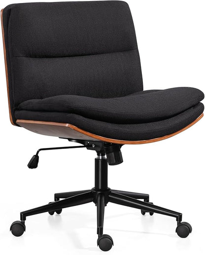 Armless Modern Walnut Office Desk Chair with Wheels, Adjustable Wide Swivel Task Chair, Ergonomic Cross Legged Fabric Chair for Conference Room, Home Office (Black)