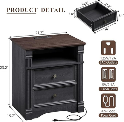 Yaamizz Farmhouse Nightstands Set of 2 with Charging Station, Table with Drawer and Storage Shelf, Wood Pilasters and Metal Handles, Vintage Design, Organizer for Bedroom, Hallway, Black