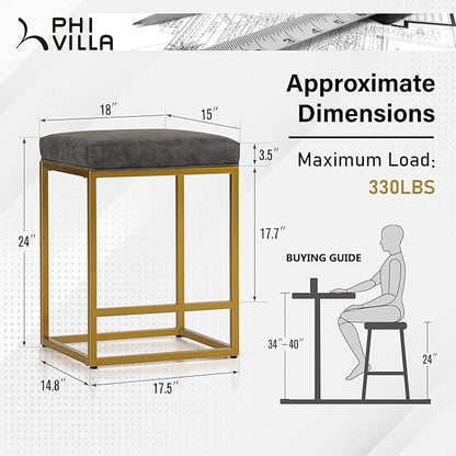 PHI VILLA 24" Bar Stools Set of 2 - Thick Cushion Metal Steel Frame Base with Footrest, Counter Height Bar stools