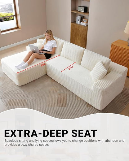108 Inch Cloud Sectional Couch,Modern Modular Sectional Sofa with Deep Seat,Corduroy Boneless Couches with L-Shape Chaise for Living Room,No Assembly Required (Beige, Left Facing Chaise)