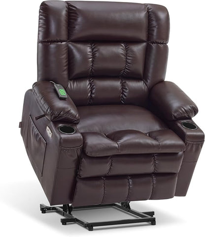 MCombo Dual Motor Power Lift Recliner Chair for Elderly, Lay Flat Lift Chair with Heat and Massage, Extra Wide Lift Recliner for Big People, Cup Holders, Faux Leather R7897 (Dark Brown, Medium-Wide)
