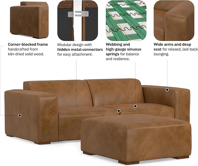 SIMPLIHOME Rex Modular Sofa and Ottoman Set in Full-Grain Genuine Leather, Caramel Brown, 88-inch-Wide 2-Seater Leather Couch and Matching 34-inch-Wide Table Ottoman for Living Room