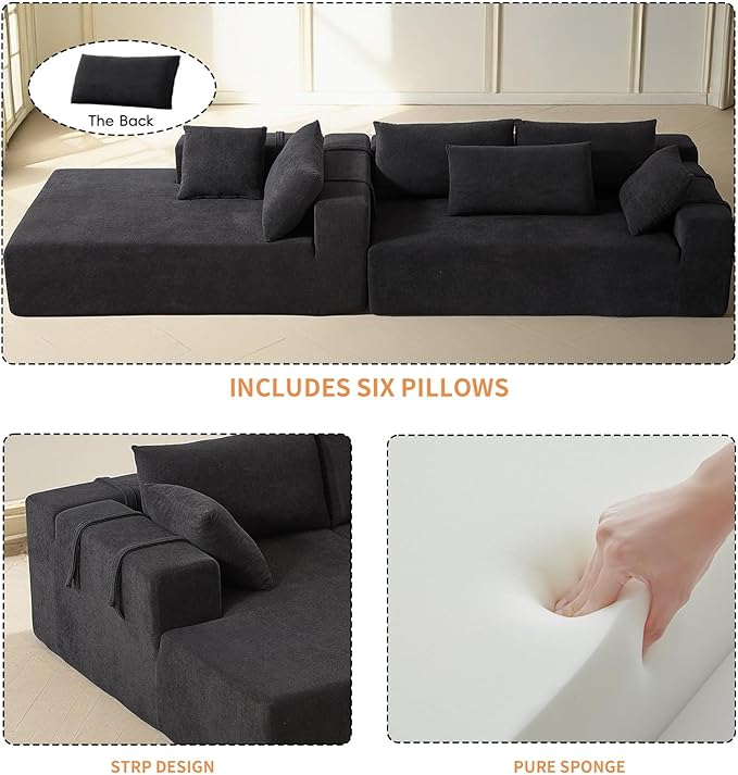 108" Modular Sectional Couch Sofa with L-Shape Chaise, Modern Cloud Comfy Sofa with Deep Seat, Upholstered Couches for Living Room Bedroom, No Assembly Required (Black Right Facing Chaise)