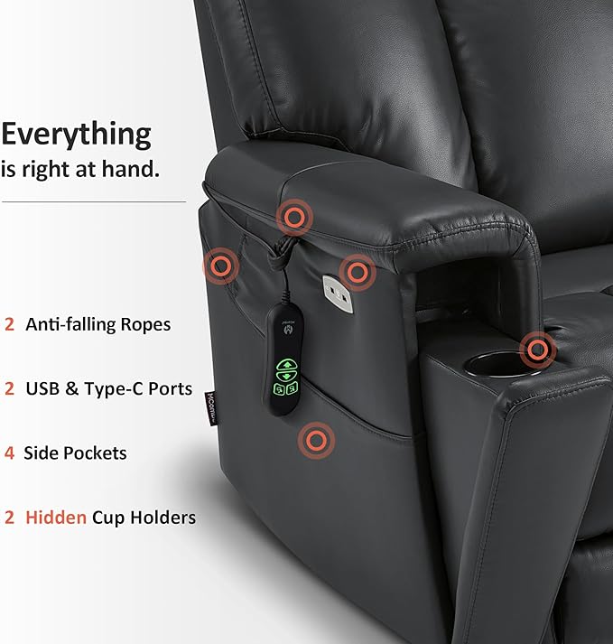 MCombo Heavy Duty Lift Chair for Elderly, Extra Wide Dual Motor Power Lift Recliner 450lbs with Hidden Cup Holders, USB Charging, Breathable Faux Leather R7777 (Black)