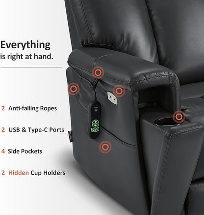 MCombo Heavy Duty Lift Chair for Elderly, Extra Wide Dual Motor Power Lift Recliner 450lbs with Hidden Cup Holders, USB Charging, Breathable Faux Leather R7777 (Black)