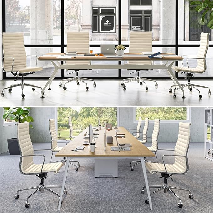 Ribbed Office Chair with Top Grain Leather - High Back Ergonomic Desk Chair with Aluminum Arms & Frame, Swivel Wheels & Tilt Function, Adjustable Height