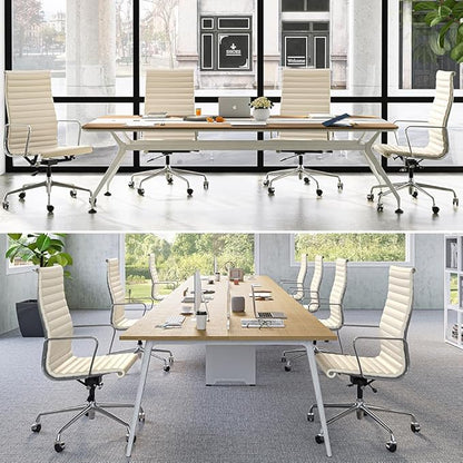 Ribbed Office Chair with Top Grain Leather - High Back Ergonomic Desk Chair with Aluminum Arms & Frame, Swivel Wheels & Tilt Function, Adjustable Height
