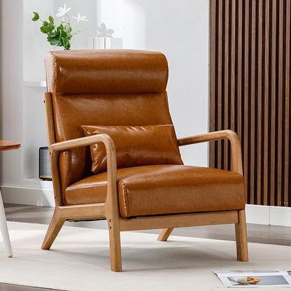 ANJHOME Mid Century Modern Accent Chair with High Back, Single Lounge Armchair with Solid Wood Frame, Comfy Reading Chair for Living Room, Easy Assembly