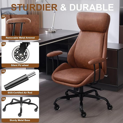 Home Office Desk Chair, PU Casters Ergonomic Computer Chair with Lumbar Support, Adjustable Height, 360°Rolling Swivel Chair, High Back Executive Task, Padded Armrests Chair, Brown Leather