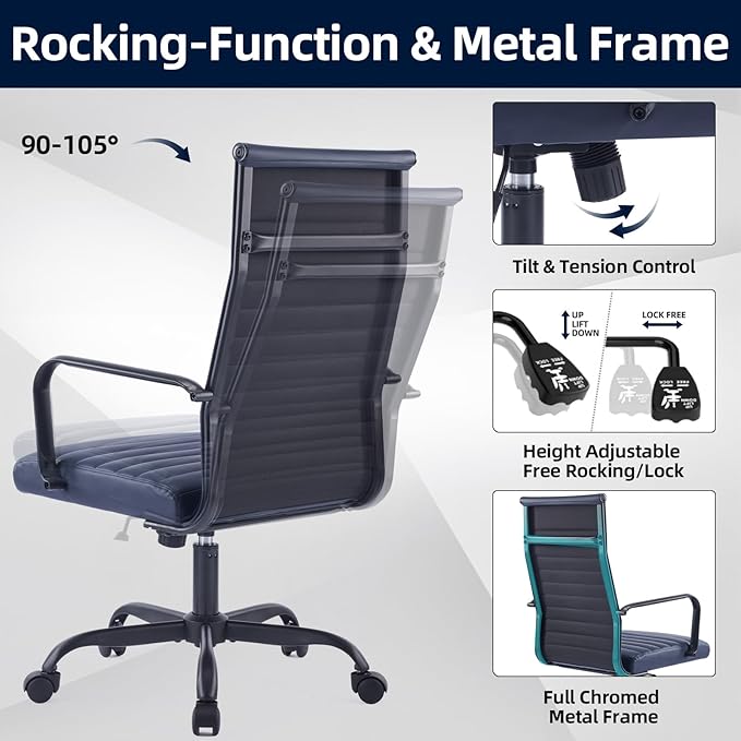 Office Chair, Ergonomic Executive Conference Room Chairs, Ribbed Leather Desk Chair with Lumbar Support, Adjustable Height Mid-Back Swivel Chair with Padded Seat
