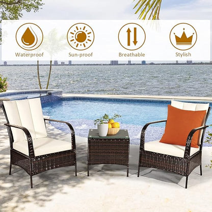 COSTWAY 3 Pieces Patio Rattan Furniture Set, Outdoor Conversation Chair Set with Coffee Table & 2 Cushions for Backyard, Porch, Poolside, Lawn, Garden, White