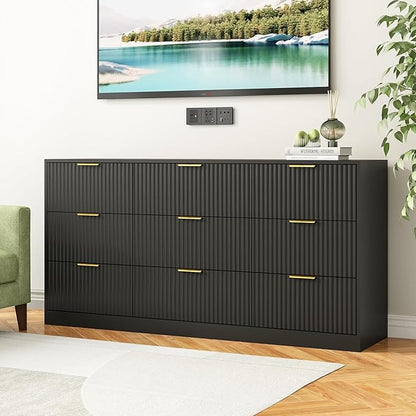 9 Drawer Dresser for Bedroom with Deep Drawers, 63" Wide Wood Dresser, Large Floor Chest of Drawers, Modern Long TV Stand, Storage Cabinet Side Table, Black