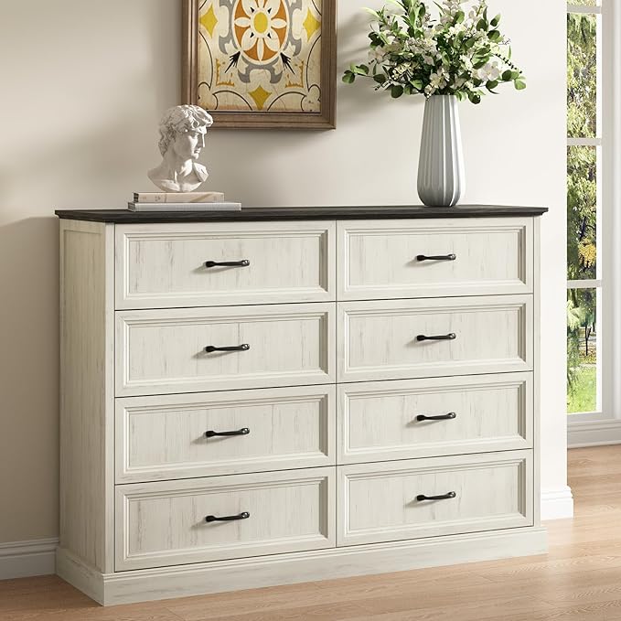 CARPETNAL Farmhouse 8 Drawer Dresser for Bedroom, 55" Wide Modern White Dresser TV Stand with Large Drawers & Bar Handles, Rustic Wood Chest of Drawers for Bedroom, Living Room, Hallway, Entryway.