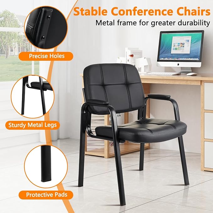 CLLATINA Waiting Room Chairs with Padded Arms Leather Guest Chair no Wheels for Office Reception and Conference Desk Black, 4 Pack