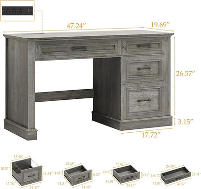 Farmhouse 47" Executive Desk, Computer Desk with Drawers and File Drawer, Workstation Computer Desk with Charging Station for Home Office,Study,（Grey）