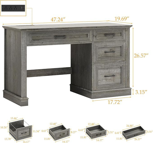Farmhouse 47" Executive Desk, Computer Desk with Drawers and File Drawer, Workstation Computer Desk with Charging Station for Home Office,Study,（Grey）