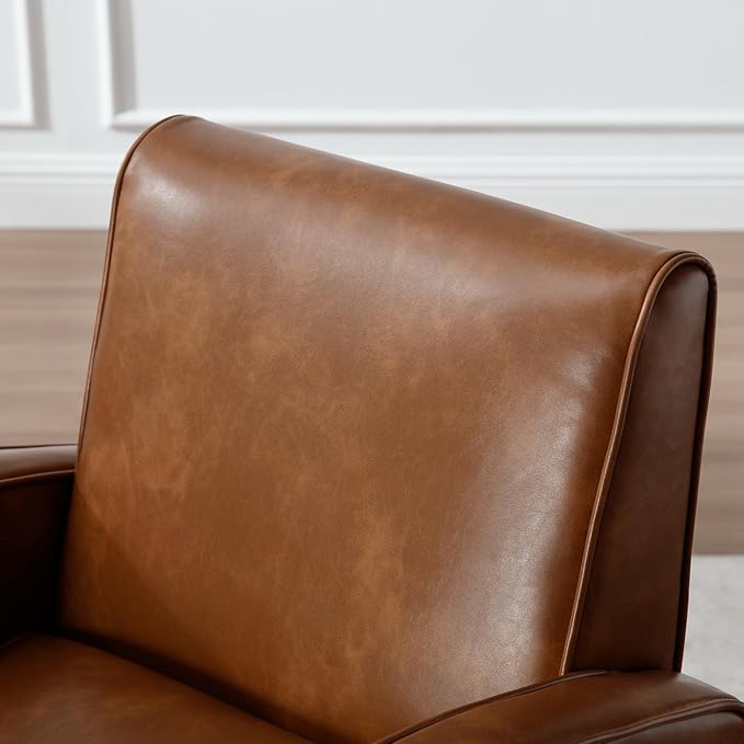 Mid Century Modern Armchair Brown Faux Leather Accent Chair with Arm Comfy Chairs Reading Chair Sofa Chair for Living Room, Rubber Wood Legs
