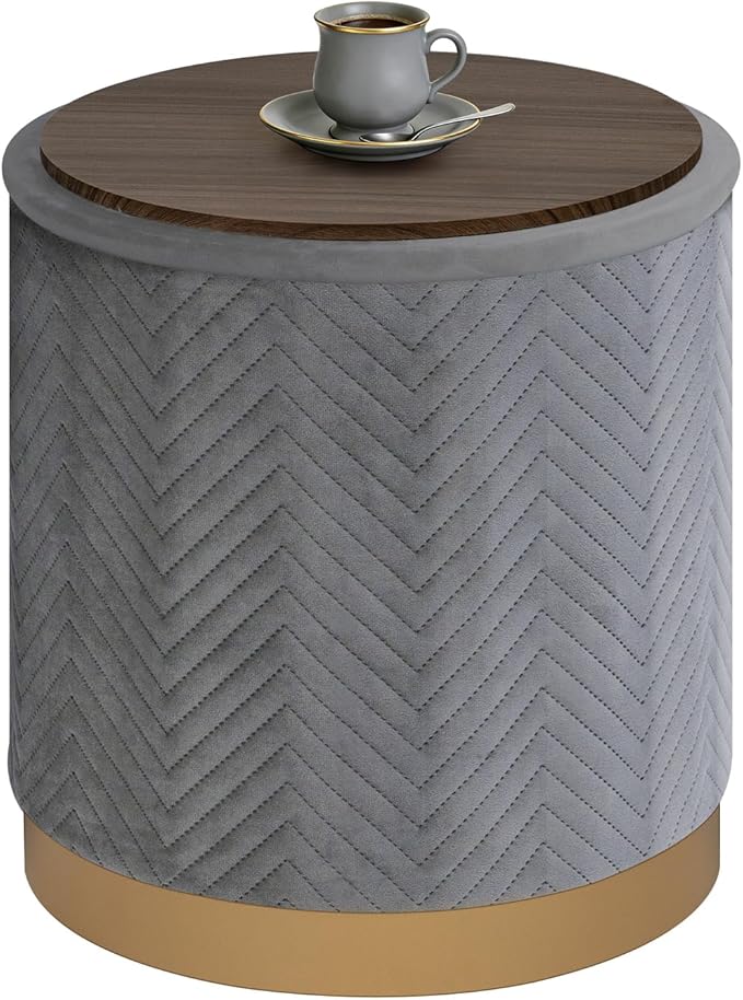 B FSOBEIIALEO Ottoman with Stroage, Round Velvet Storage Ottoman with Gold Plating Base,Foot Rest Stool for Dorm Room, Living Room Grey, 16.73"x16.73"x17.72"