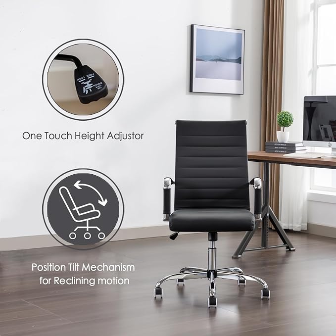 Office Desk Chair Leather, Conference Room Chairs with Wheels, Executive Modern Ergonomic Ribbed Computer Chair