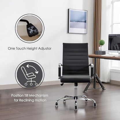 Office Desk Chair Leather, Conference Room Chairs with Wheels, Executive Modern Ergonomic Ribbed Computer Chair